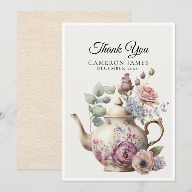 Tarjeta De Agradecimiento Elegante acuarela Teapot Floral Tea Fiesta (Anverso / Reverso)
