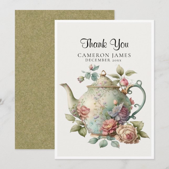 Tarjeta De Agradecimiento Elegante acuarela Teapot Floral Tea Fiesta (Anverso / Reverso)