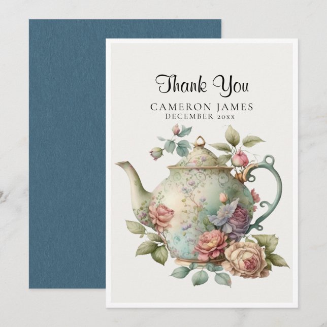 Tarjeta De Agradecimiento Elegante acuarela Teapot Floral Tea Fiesta (Anverso / Reverso)