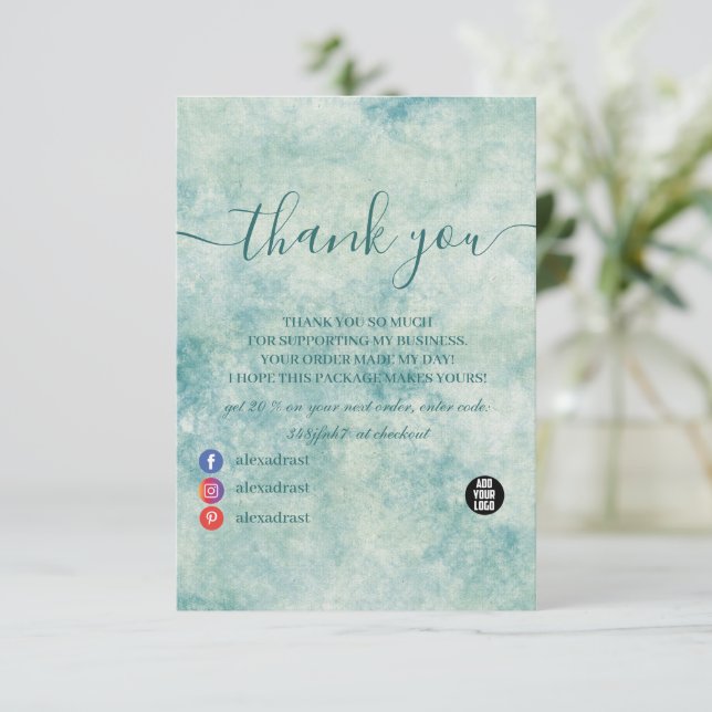 Tarjeta De Agradecimiento Elegante acuarela Verde azulada (Anverso de pie)