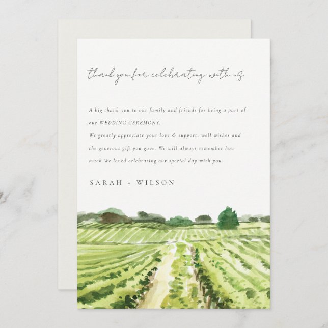 Tarjeta De Agradecimiento Elegante acuarela Verde Boda de viñedos (Anverso / Reverso)