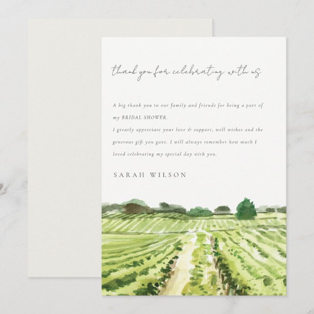 Tarjeta De Agradecimiento Elegante acuarela Winery Vineyard Bridal Shower (Anverso / Reverso)