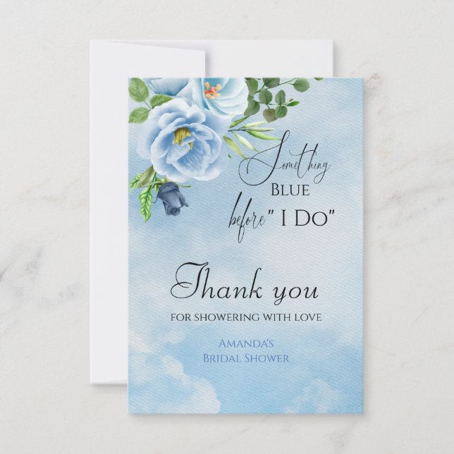 Tarjeta De Agradecimiento Elegante Algo Floral Azul Ducha Bridal (Anverso)