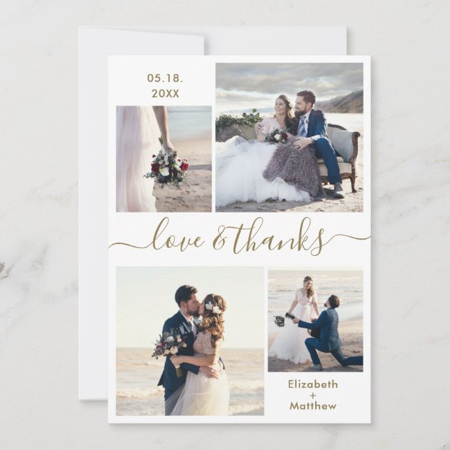 Tarjeta De Agradecimiento Elegante Amor y Gracias Script 4 Photo Boda (Anverso)