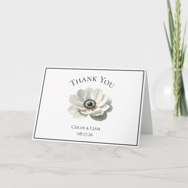 Tarjeta De Agradecimiento Elegante Anenome Boda de flores negro y blanco (Anverso)