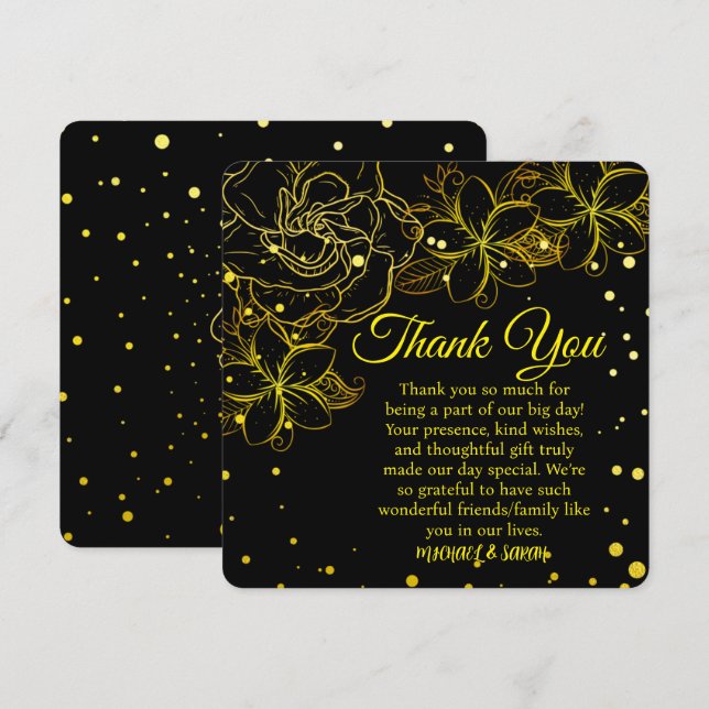 Tarjeta De Agradecimiento Elegante aniversario de Boda floral negro y dorado (Anverso / Reverso)