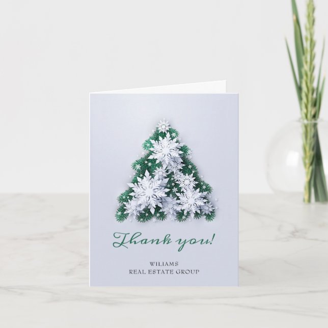 Tarjeta De Agradecimiento Elegante árbol de navidad con copo de nieve, vacac (Anverso)