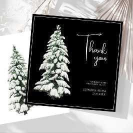 Tarjeta De Agradecimiento Elegante árbol de Navidad nevado negro boda