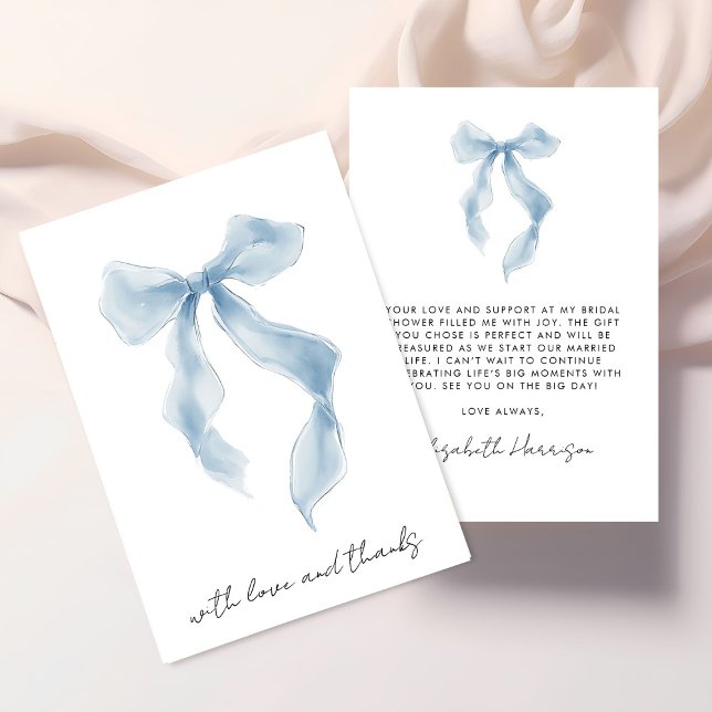 Tarjeta De Agradecimiento Elegante Arco Azul Aquarela Despedida de Soltera (Elegant Blue Bow Watercolor Bridal Shower Thank You Card)