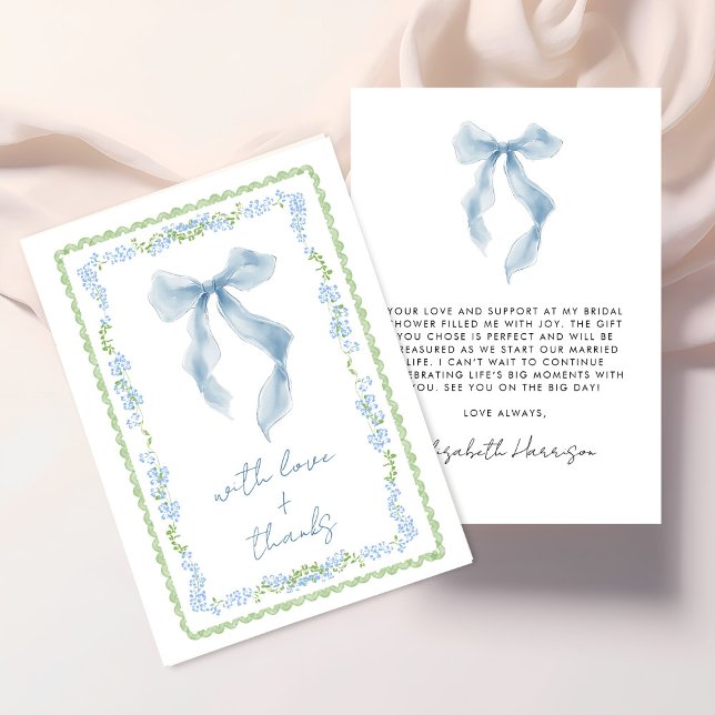 Tarjeta De Agradecimiento Elegante Arco Azul Aquarela Despedida de Soltera (Elegant Blue Bow Watercolor Bridal Shower Thank You Card)