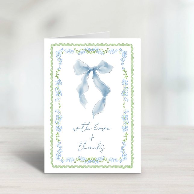 Tarjeta De Agradecimiento Elegante Arco de Agua Azul Té de Novia  (Elegant Blue Bow Watercolor Bridal Shower Thank You Card)