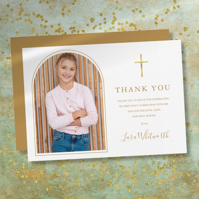Tarjeta De Agradecimiento Elegante Arco de Oro Primera Comunión Sagrada (Elegant Gold Arch First Holy Communion Thank You Card)