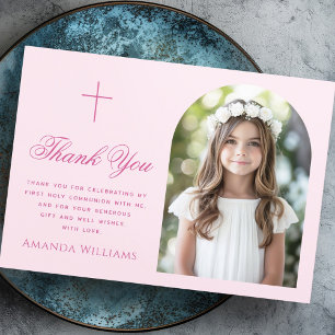 Tarjeta De Agradecimiento Elegante arco foto cruz rosa Primera Santa Comunió