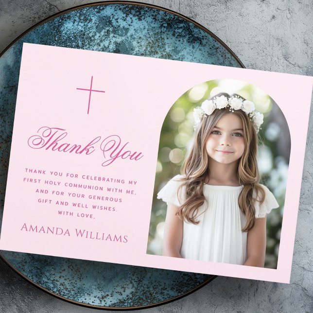 Tarjeta De Agradecimiento Elegante arco foto cruz rosa Primera Santa Comunió (Elegant arch photo cross pink First Holy Communion Thank You Card)