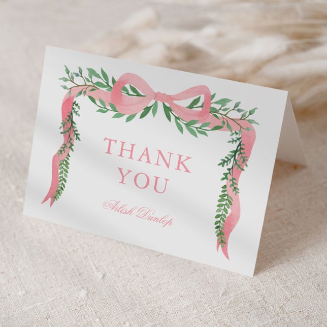Tarjeta De Agradecimiento Elegante arco rosado con Chicas verdes Baby Shower (Elegant pink bow with greenery girls baby shower thank you card.)