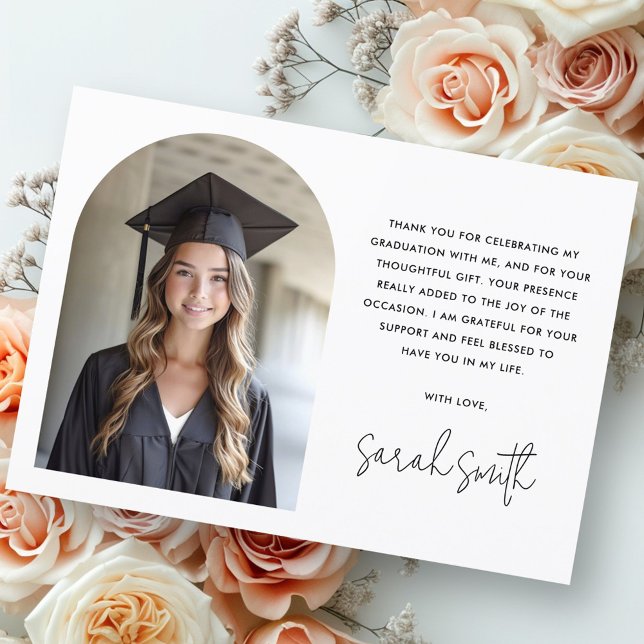Tarjeta De Agradecimiento Elegante arco simple graduación de fotos clásicas  (Elegant arch simple classic white photo graduation thank you card)
