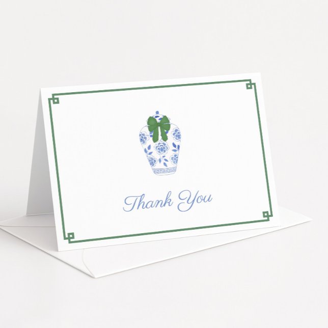 Tarjeta De Agradecimiento Elegante Arco Verde Tartán Ducha de Novia de Navid (Elegant Christmas thank you card design or personal stationery featuring ginger jar with green bow)
