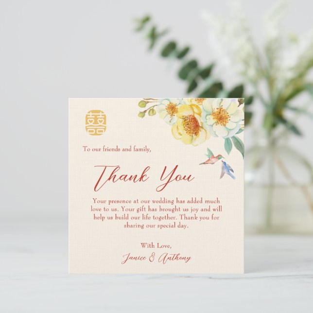 Tarjeta De Agradecimiento Elegante ave floral boda china (Anverso de pie)