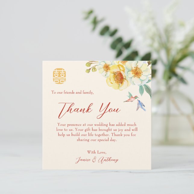 Tarjeta De Agradecimiento Elegante ave floral boda china (Anverso de pie)