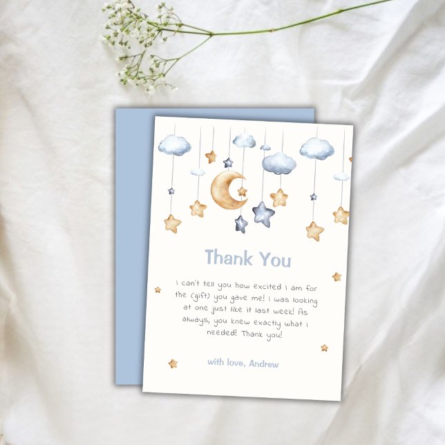 Tarjeta De Agradecimiento Elegante Azul Brillo Brillo Fiesta de Bebé (Blue Elegant Twinkle Twinkle Baby Shower Thank You Card)