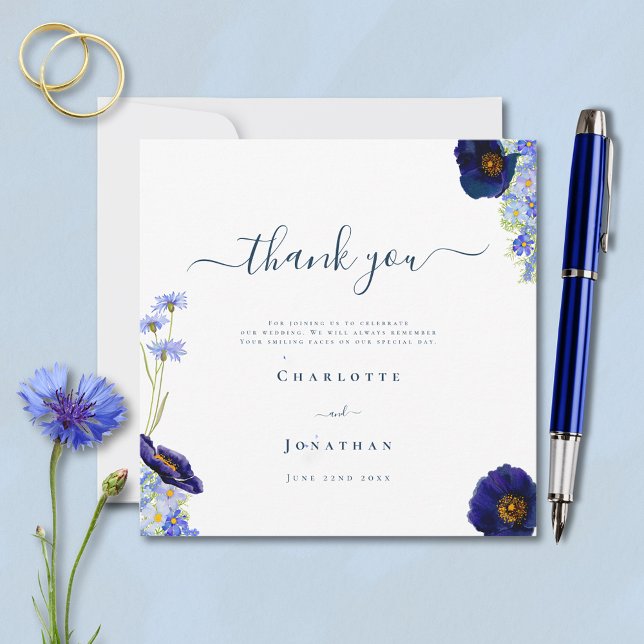 Tarjeta De Agradecimiento Elegante Azul Flor Silvestre Gracias (Elegant wildflower summer floral blue watercolor wedding thank you card stylish typography script )