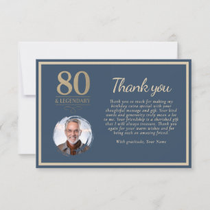 Tarjeta De Agradecimiento Elegante Azul Marino 80 & Foto de Cumpleaños Legen