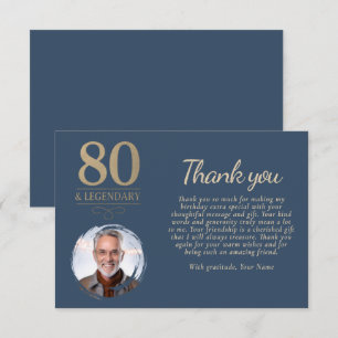 Tarjeta De Agradecimiento Elegante azul marino 80 y legendaria foto de cumpl