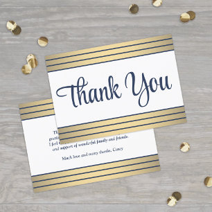 Tarjeta De Agradecimiento Elegante azul marino script y clásicas rayas dorad