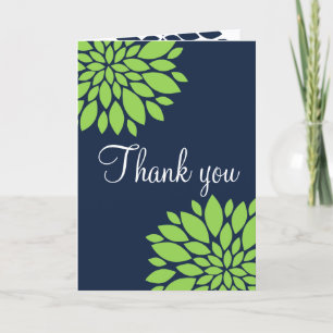 Tarjeta De Agradecimiento Elegante Azul Marino Verde Explosión Floral Gracia