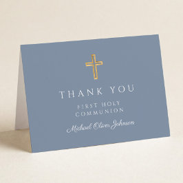Tarjeta De Agradecimiento Elegante Azul Polvoriento Niño Primera Comunión 