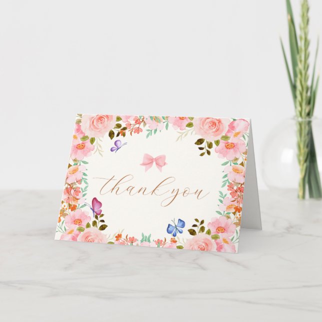 Tarjeta De Agradecimiento Elegante Baby Bloom Floral Butterfly Baby Shower (Anverso)