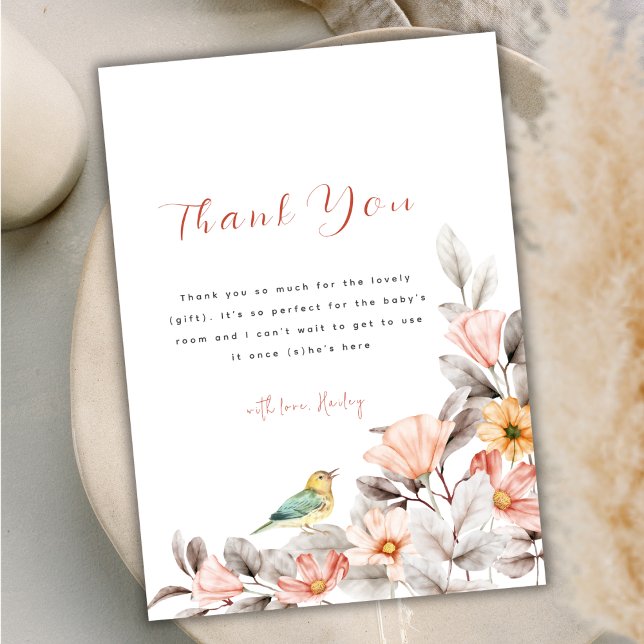 Tarjeta De Agradecimiento Elegante Baby Shower Boho de Flores Silvestres  (Elegant Boho Wildflower Baby Shower Thank You Card)