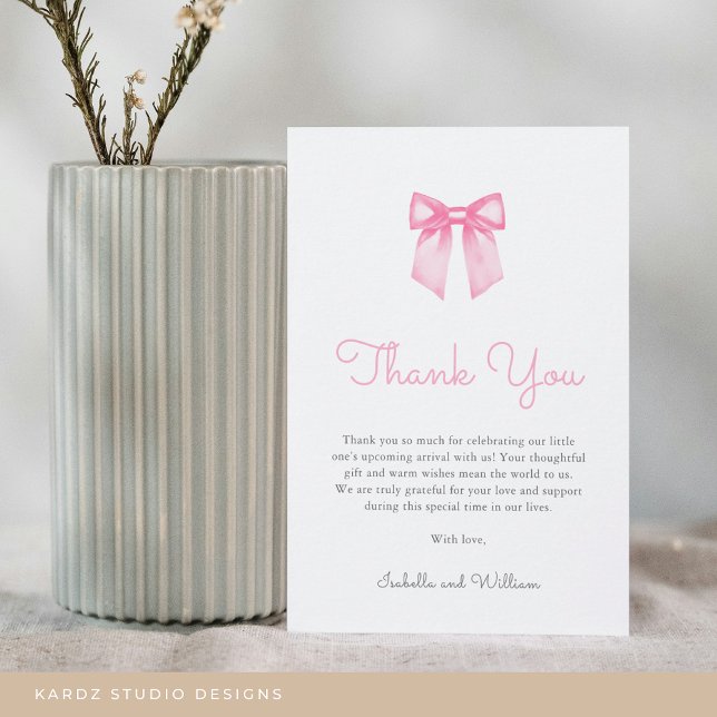 Tarjeta De Agradecimiento Elegante Baby Shower Bow Rosa (Flat Thank You Card in 3.5 x 5 inches. Personalize text, select size, paper, and corner style.)