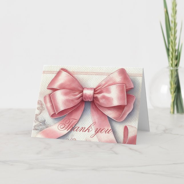 Tarjeta De Agradecimiento Elegante Baby Shower Bow Rosado Gracias (Anverso)