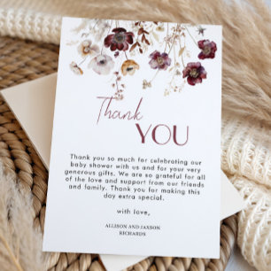 Tarjeta De Agradecimiento Elegante Baby Shower Burgundy Wildflowers