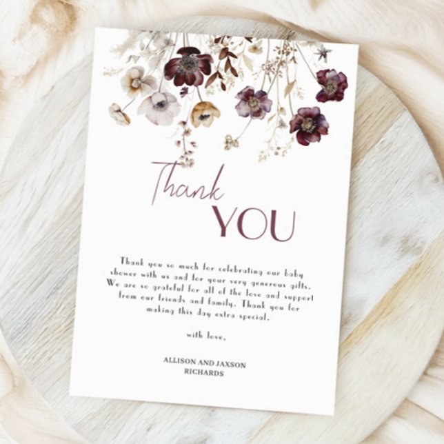 Tarjeta De Agradecimiento Elegante Baby Shower Burgundy Wildflowers (Subido por el creador)