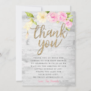 Tarjeta De Agradecimiento Elegante Baby Shower con flores rosadas