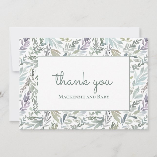 Tarjeta De Agradecimiento Elegante Baby Shower de acuarela botánica (Anverso)