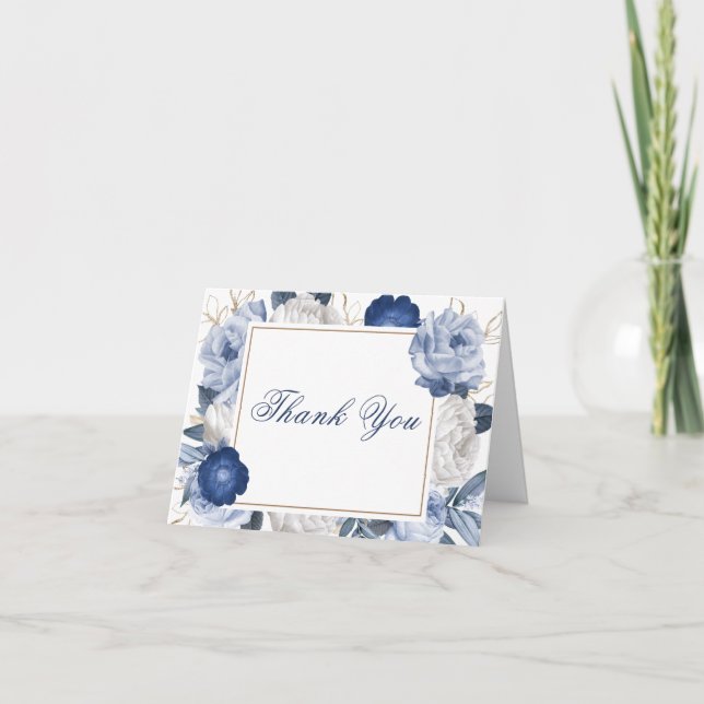 Tarjeta De Agradecimiento Elegante Baby Shower de flores azules y blancas (Anverso)