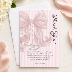 Tarjeta De Agradecimiento Elegante Baby Shower de lazo rayado marfil rosa