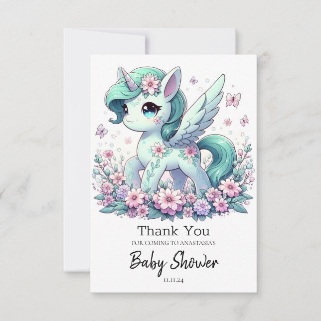 Tarjeta De Agradecimiento Elegante Baby Shower de Unicornio (Anverso)