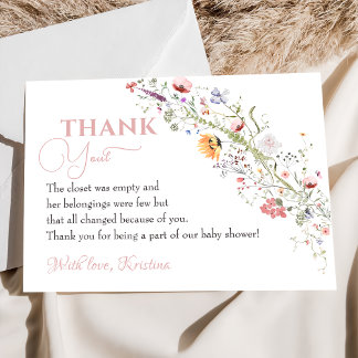 Tarjeta De Agradecimiento Elegante Baby Shower Floral de flores silvestres