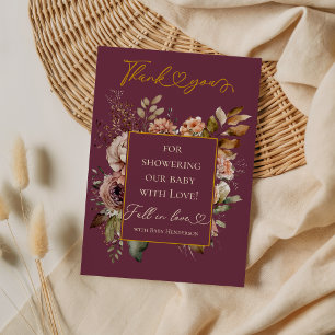 Tarjeta De Agradecimiento Elegante Baby Shower Floral de Otoño en Burgundy