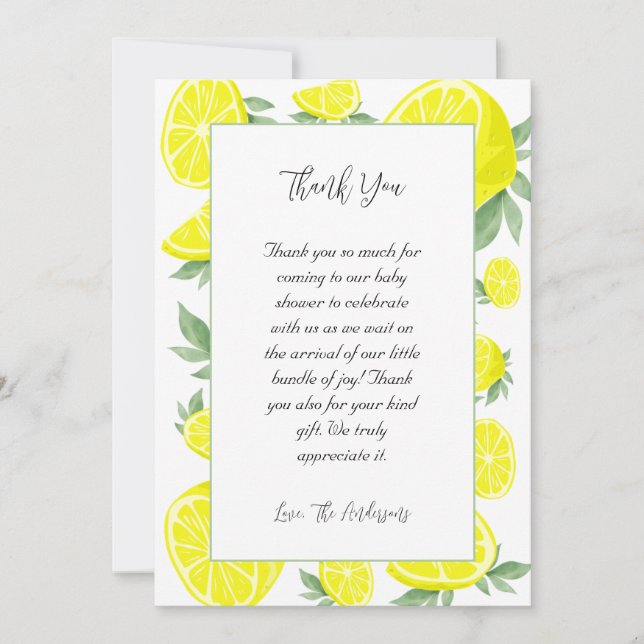 Tarjeta De Agradecimiento Elegante Baby Shower Lemons (Anverso)