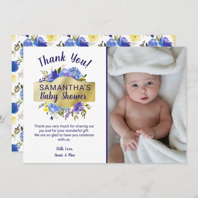Tarjeta De Agradecimiento Elegante Baby Shower Purple Floral Gold (Anverso / Reverso)