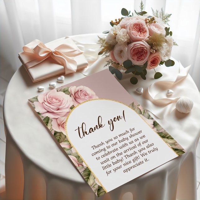 Tarjeta De Agradecimiento Elegante Baby Shower rosa (Elegant Pink Rose Baby Shower Thank You Card)