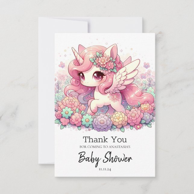 Tarjeta De Agradecimiento Elegante Baby Shower Unicornio (Anverso)