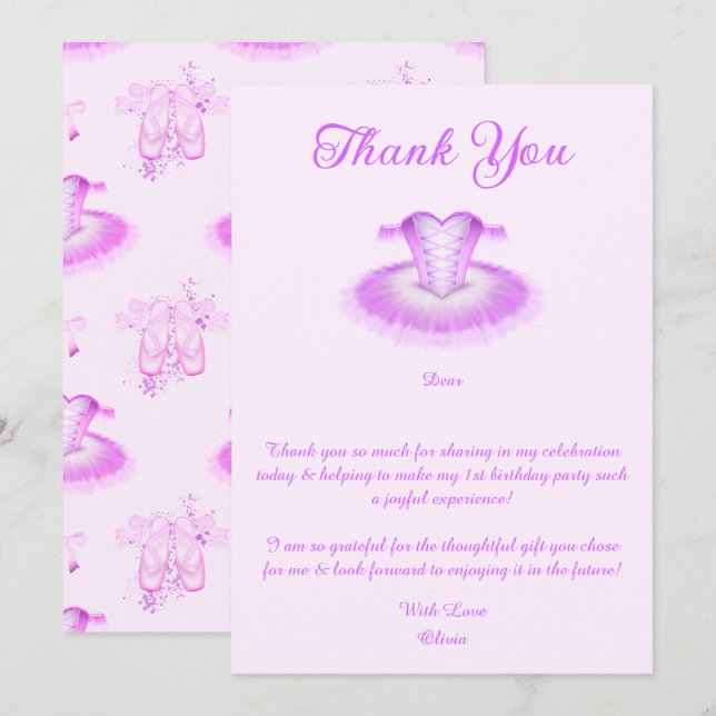 Tarjeta De Agradecimiento Elegante Ballet Rosa Cumpleaños Tutu Watercolor (Anverso / Reverso)