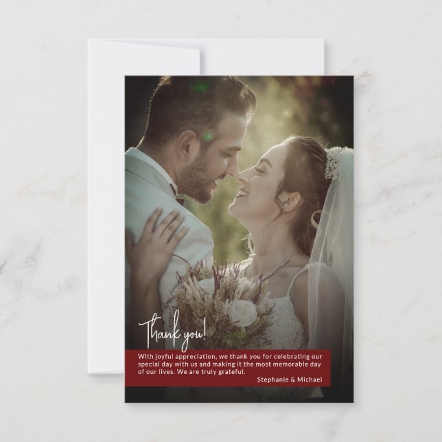 Tarjeta De Agradecimiento Elegante Banner de Fotos de Boda Rojo Rubí Profund (Anverso)