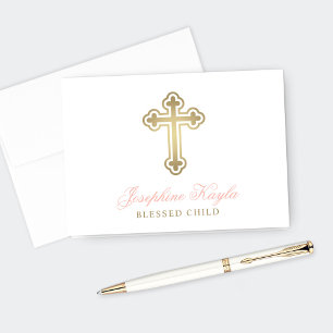 Tarjeta De Agradecimiento Elegante Baptismo Chica Rosa Cruz de Oro